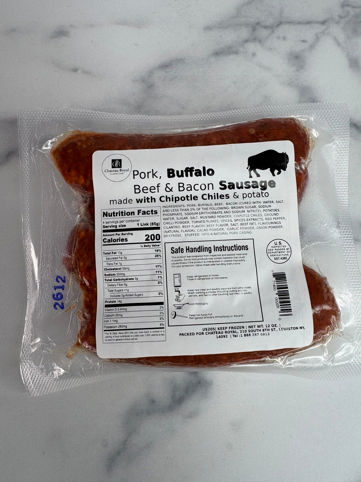 Pork, Buffalo Beef & Bacon Sausage made with Chipotle Chiles & Potato