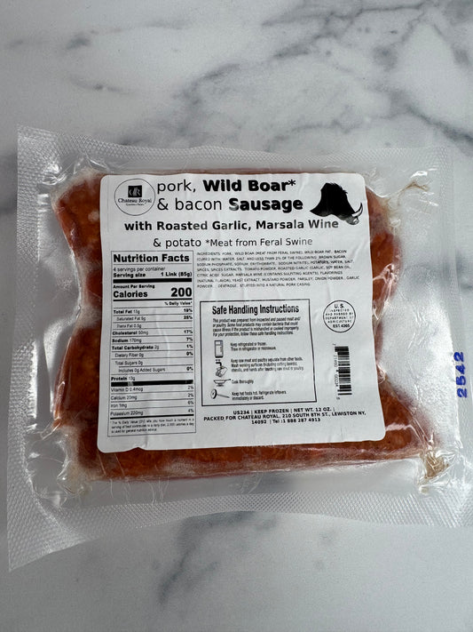 Pork, Wild Boar & Bacon Sausage with Roasted Garlic, Marsala Wine & Potato.